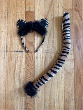 Striped Fuzzy Cat Ear Headband with Matching Tail